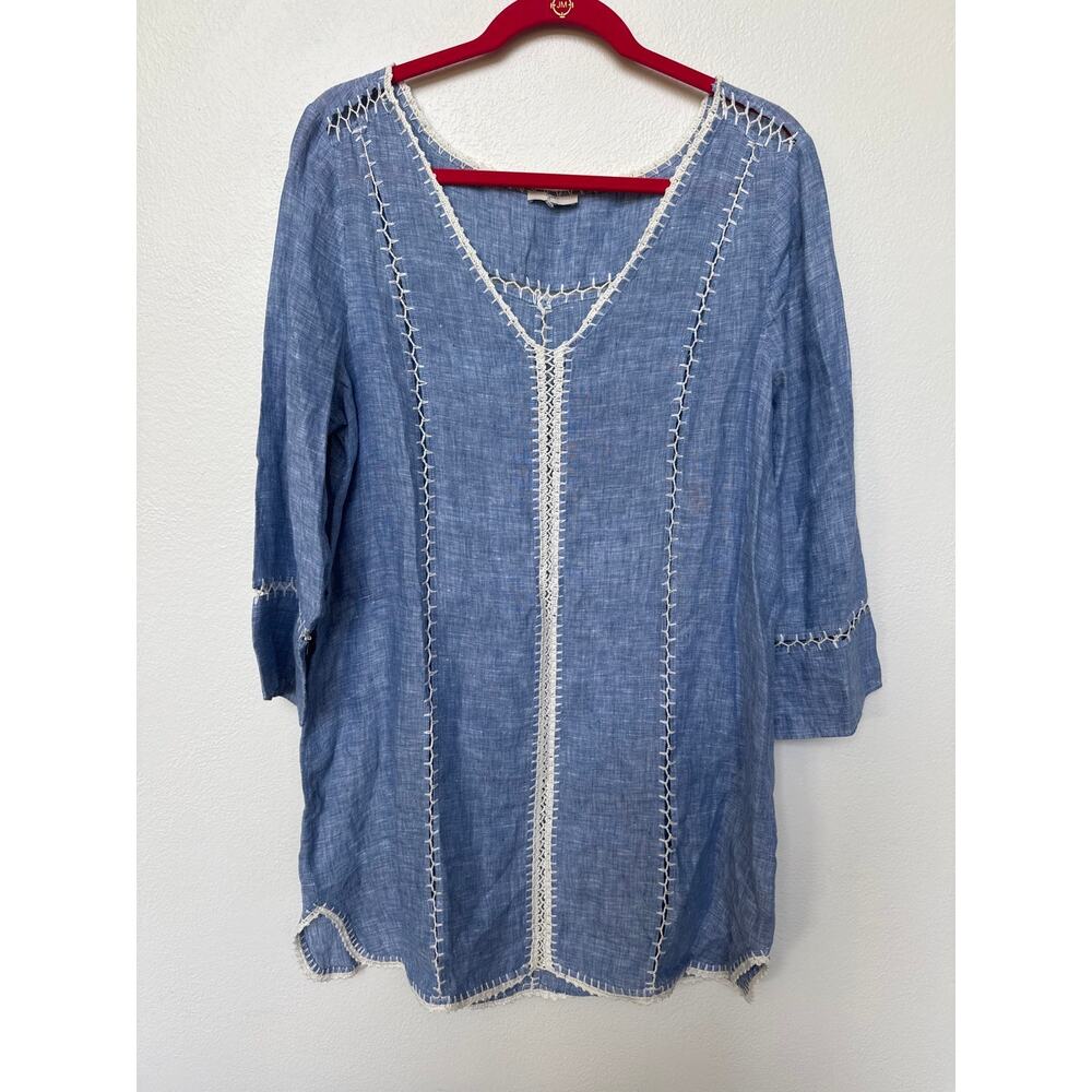 Joie 100% Linen Blue Crochet Trim V-Neck Tunic Blouse Top Womens L/XL